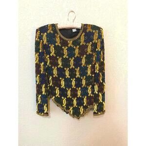 Vintage Silk Sequin Beaded Long Sleeve Blouse Oleg Cassini Evening Sz Small